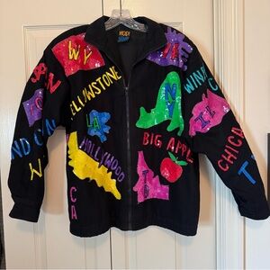 Vintage MODI Denim SEQUIN Jacket SEE THE USA States NY Travel 80s One Size